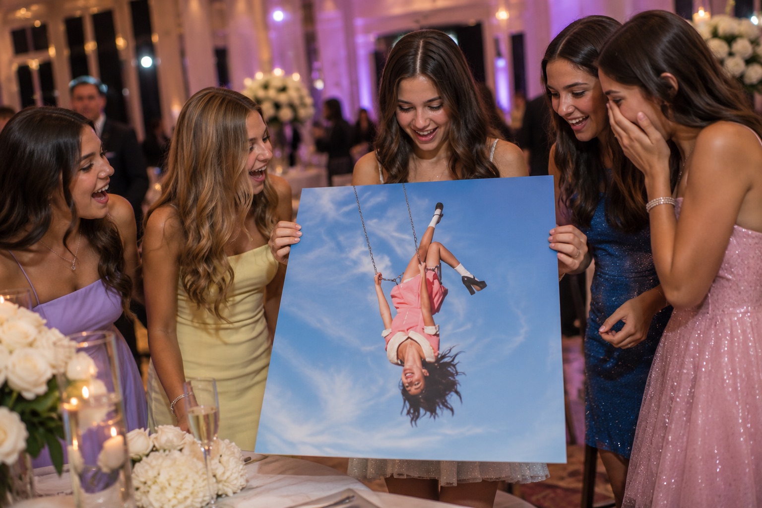 Friends laughing at a playful custom portrait