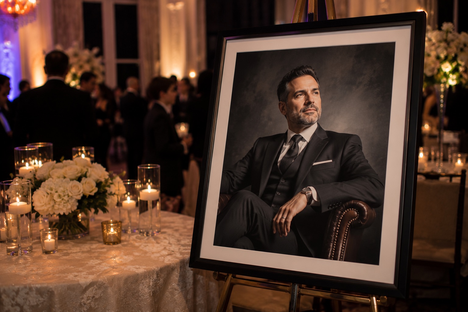 Formal custom portrait displayed in a black frame at an event