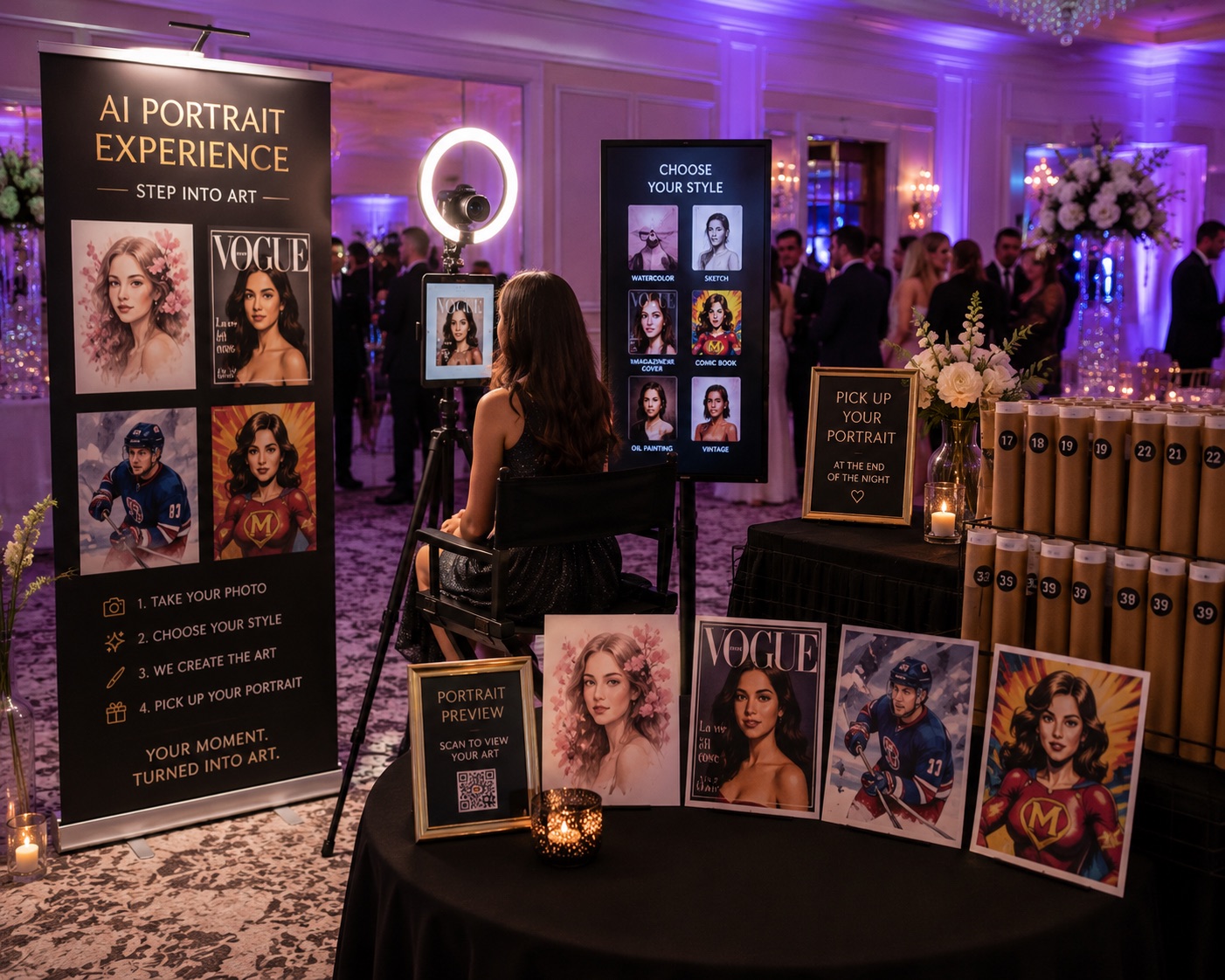 Sample AI portrait booth setup with style selection, camera, prints, and pickup
