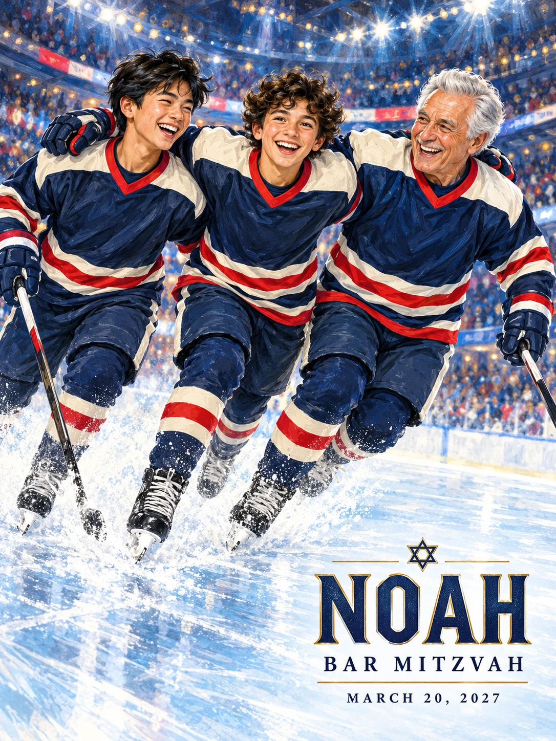 Illustrated bar mitzvah print concept: a boy, his friend and grandfather celebrating on the ice, with Noah’s event details in the bottom-right corner