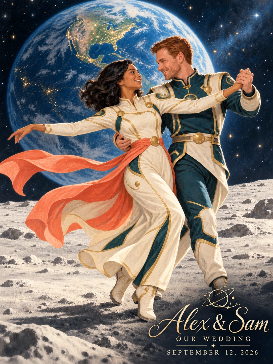 Illustrated wedding print concept: a couple dancing on the moon, with Alex & Sam and their wedding date in the bottom-right corner