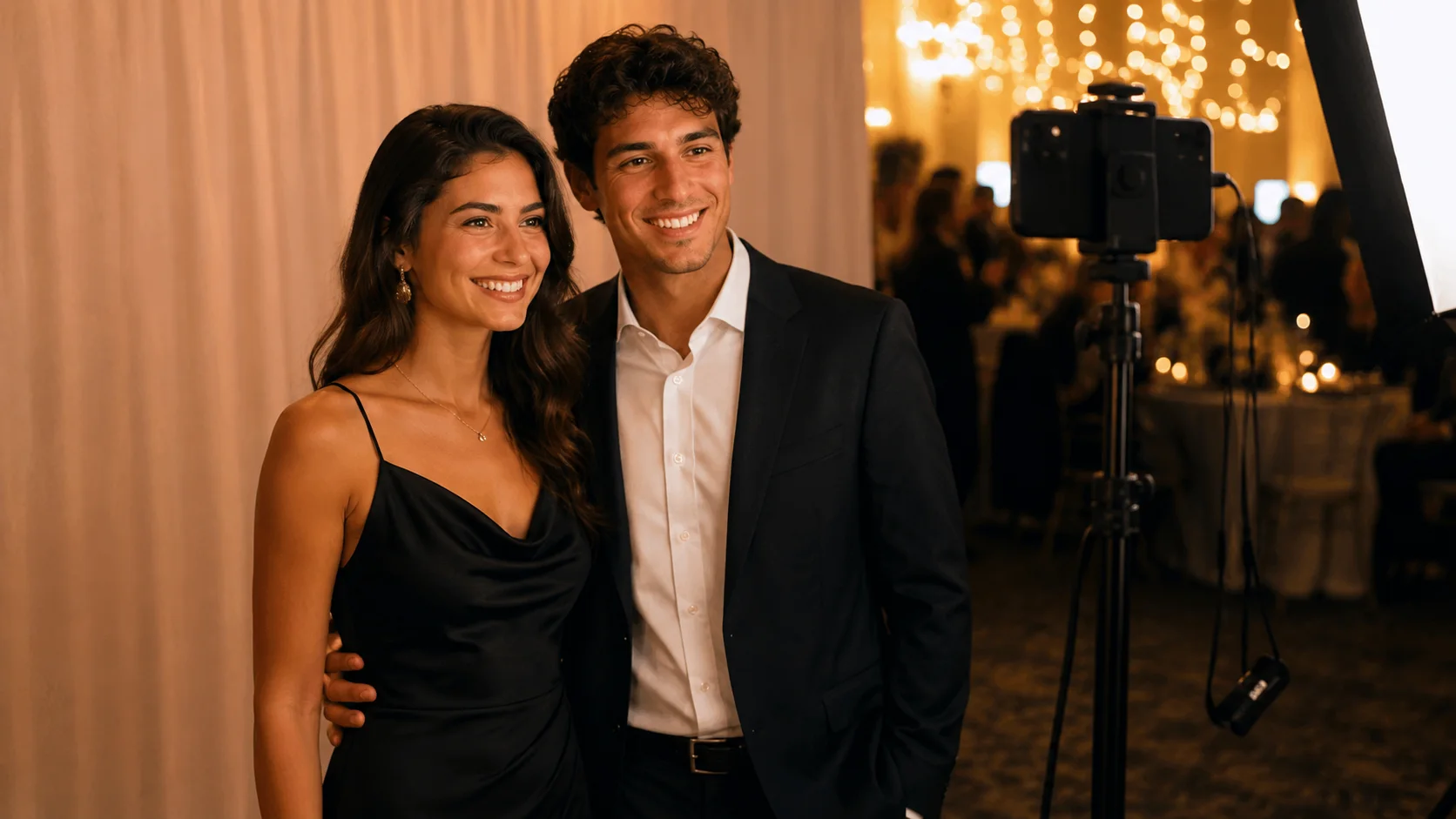 Concept visual of a couple posing at a staffed portrait camera setup