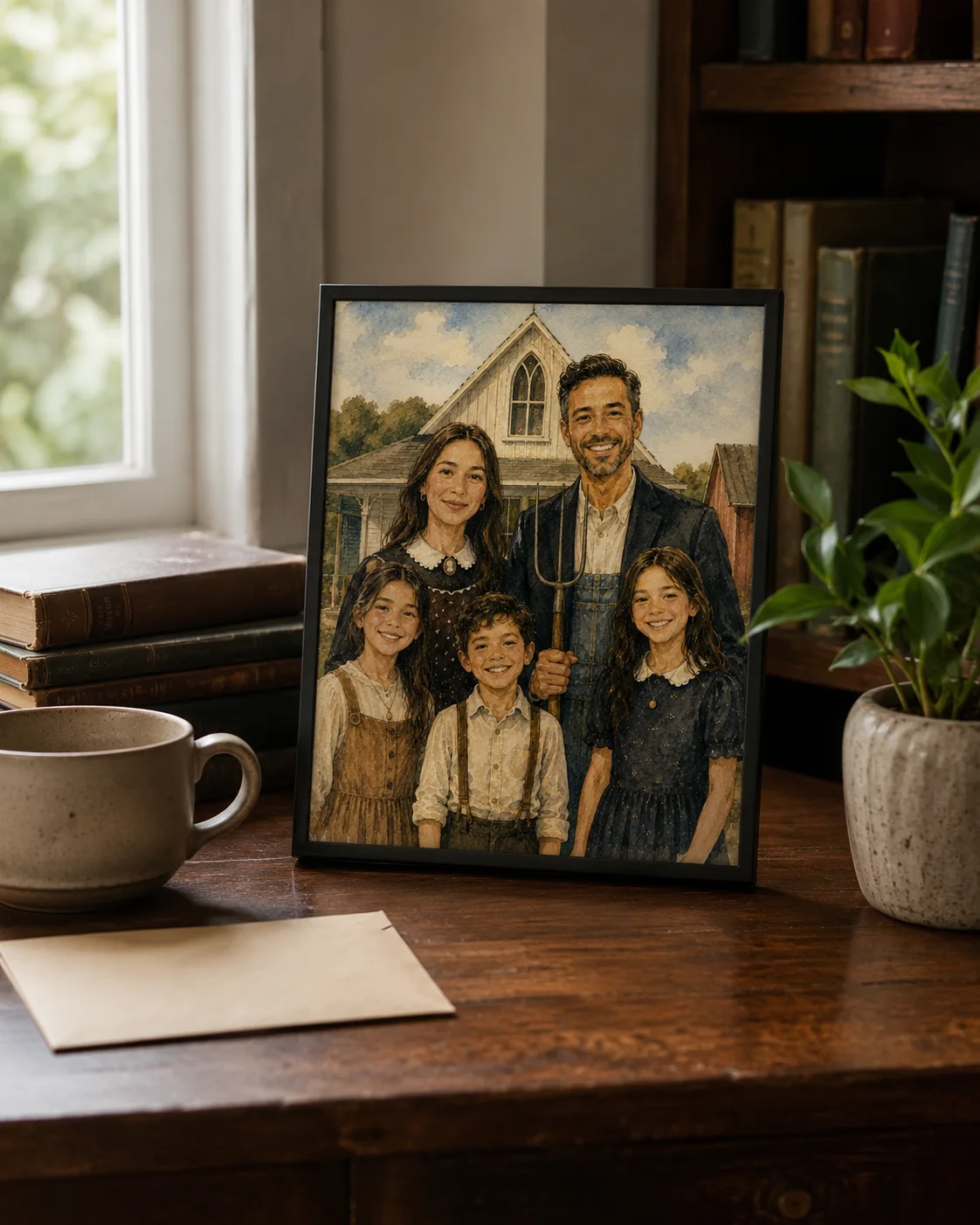 Concept visual of a framed rural family portrait in a warm home office