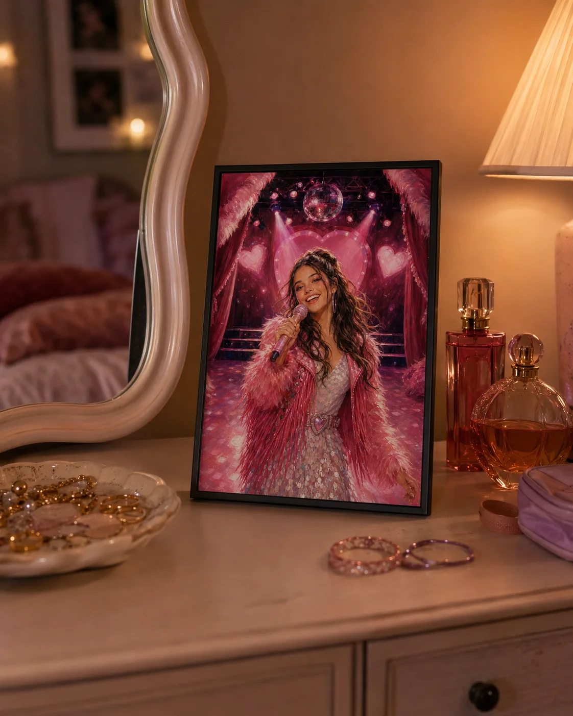 Concept visual of a framed pink pop-stage portrait in a teenager's bedroom