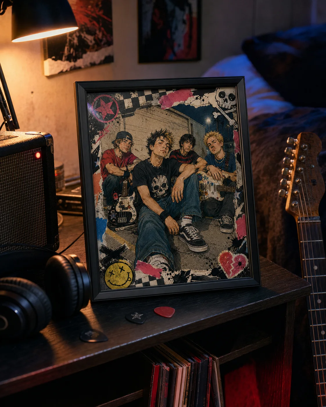 Concept visual of a framed pop-punk group portrait in a teenager's music room
