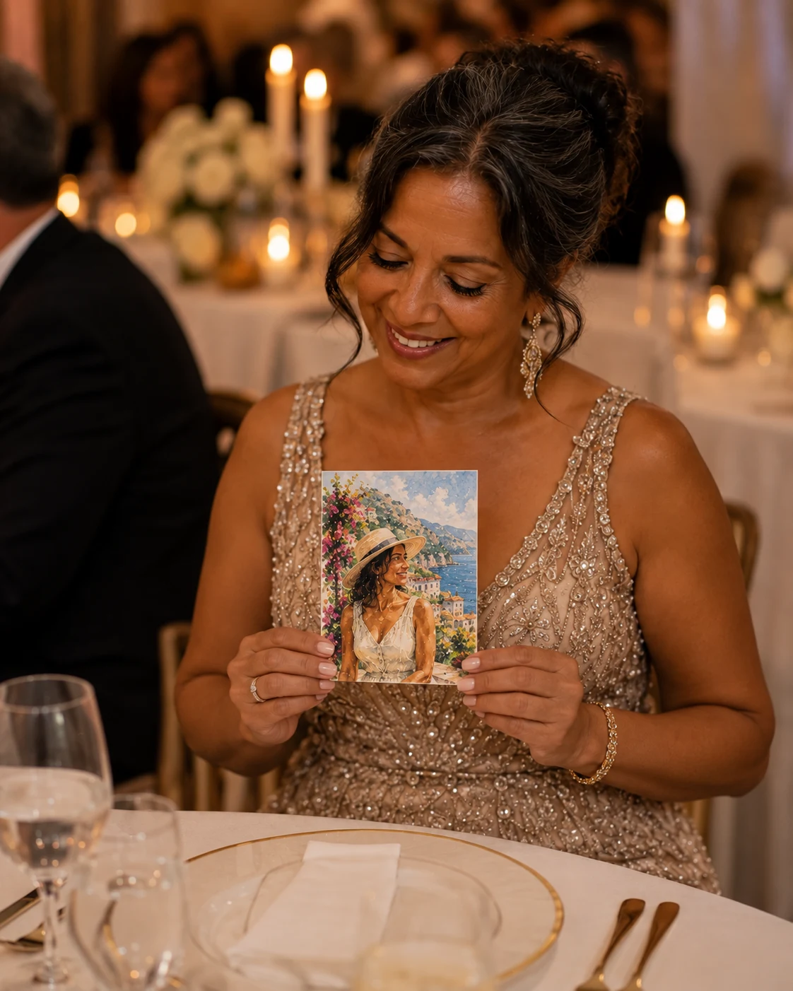 Event guest holding her finished seaside portrait