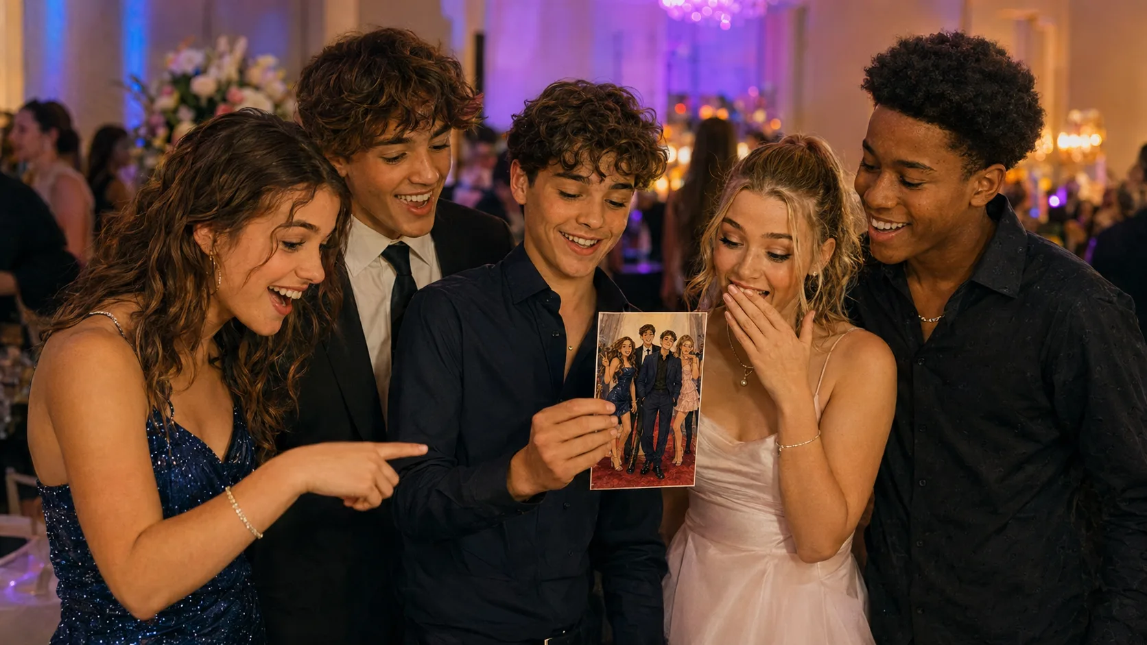 Teen friends reacting to their finished group portrait at a Montreal Mitzvah