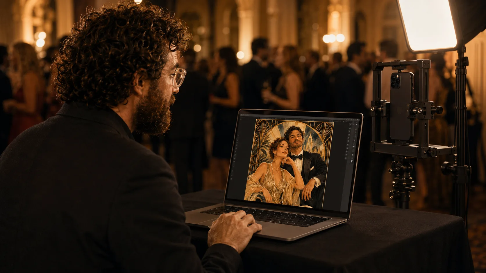 Concept visual of an owner reviewing a portrait on an event workstation