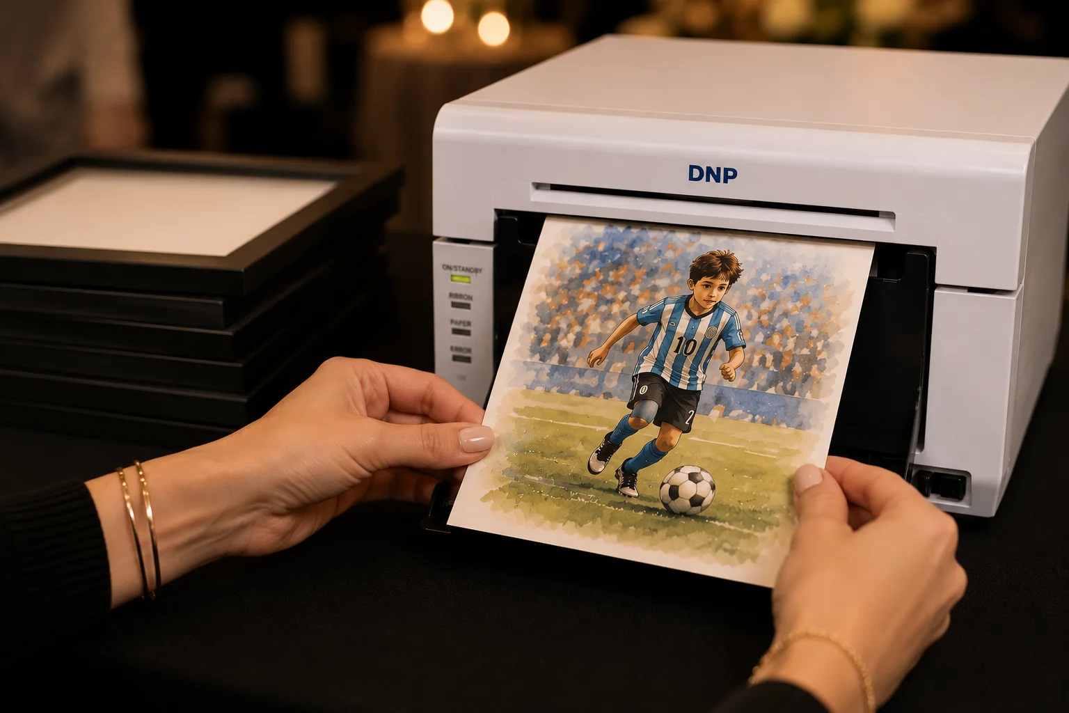 Concept visual of a full-size portrait being collected from a professional printer