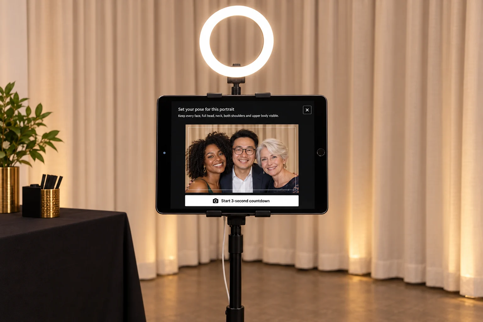 Illustrated setup: Capture iPad with a photo preview, countdown control and separate ring light