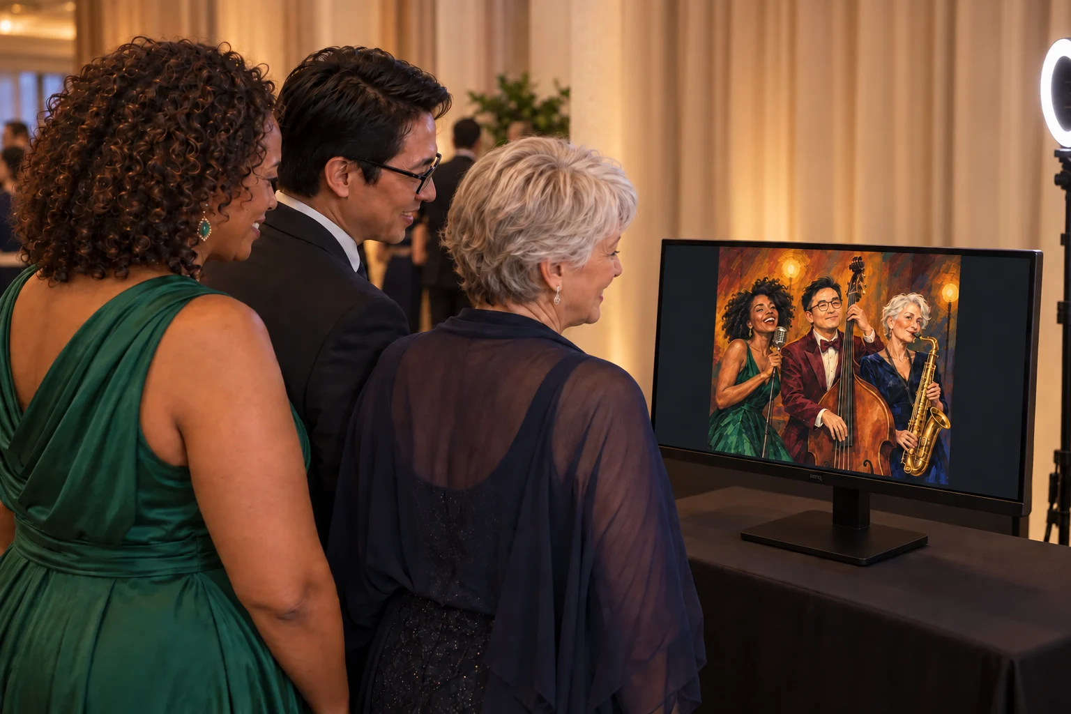 Illustrated concept: the group discovers its jazz portrait together before approval and printing