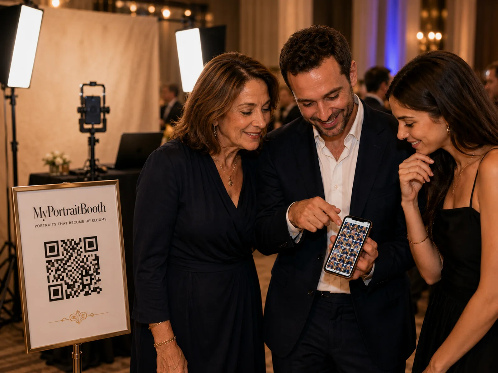 Concept visual of guests scanning a portrait-area QR sign and browsing ideas