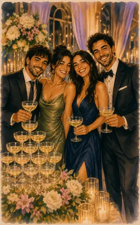 Champagne Tower Friends portrait for a Montreal wedding